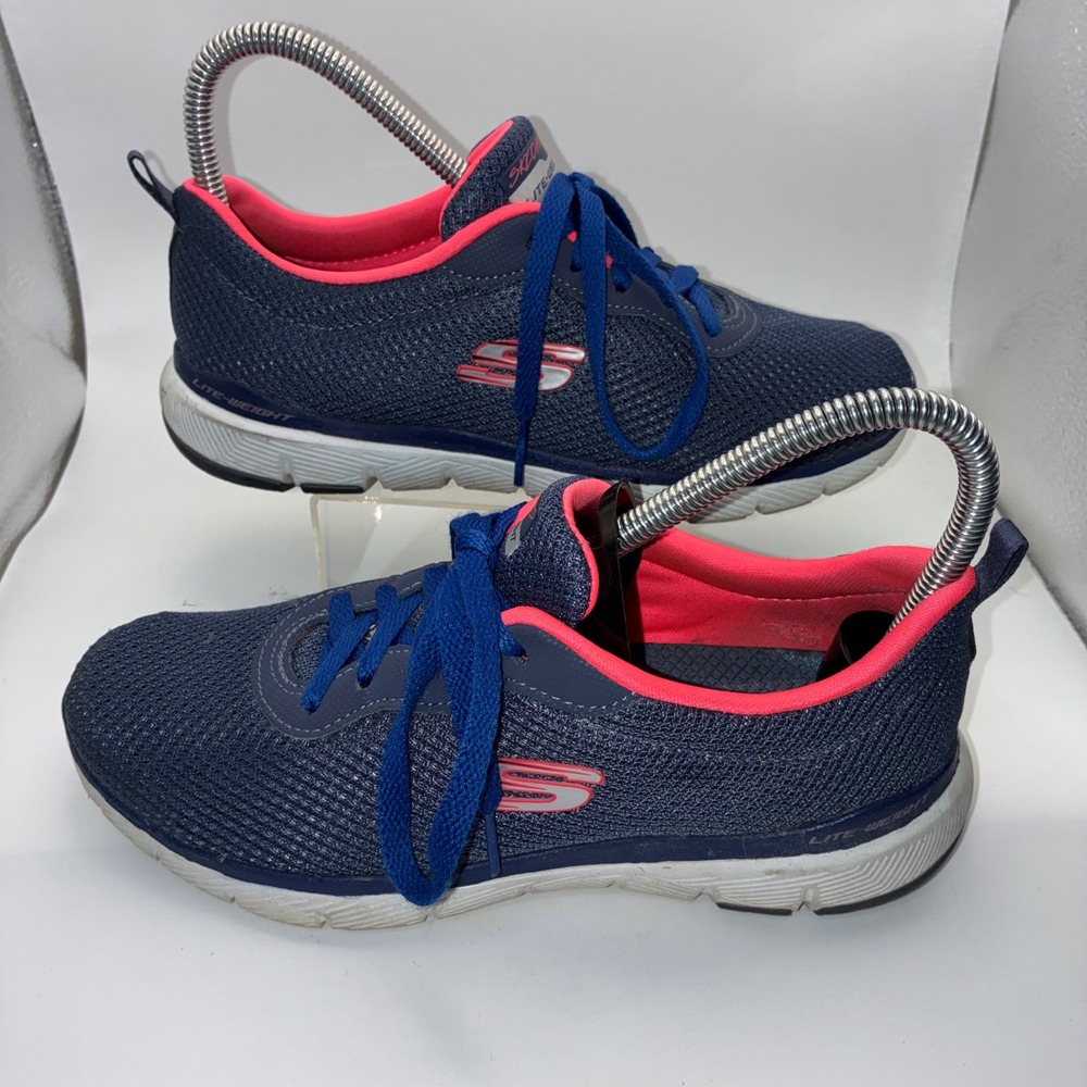 Skechers Lite-Weight Navy Blue Pink Air-Cooled Memory Foam Sneakers Womens‎ 7